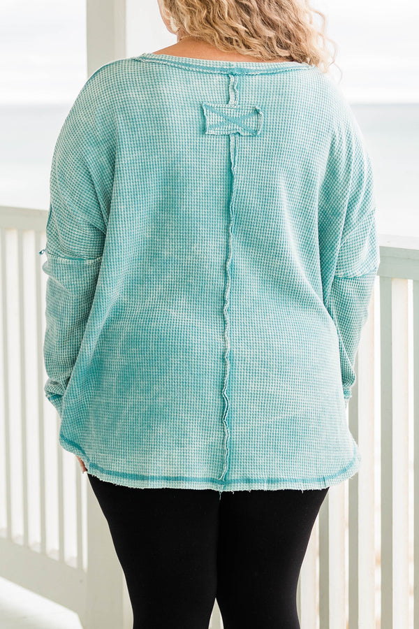 Chic Soul plus size clothing, dusty teal cozy waffle knit long sleeve pullover with distressed hem and stitching