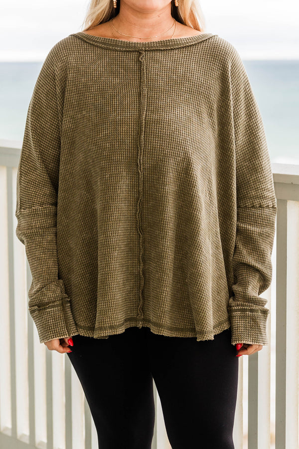 Chic Soul plus size clothing, olive long sleeve waffle knit top with cuff sleeves