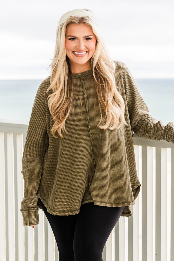 Chic Soul plus size clothing, olive long sleeve waffle knit top with cuff sleeves
