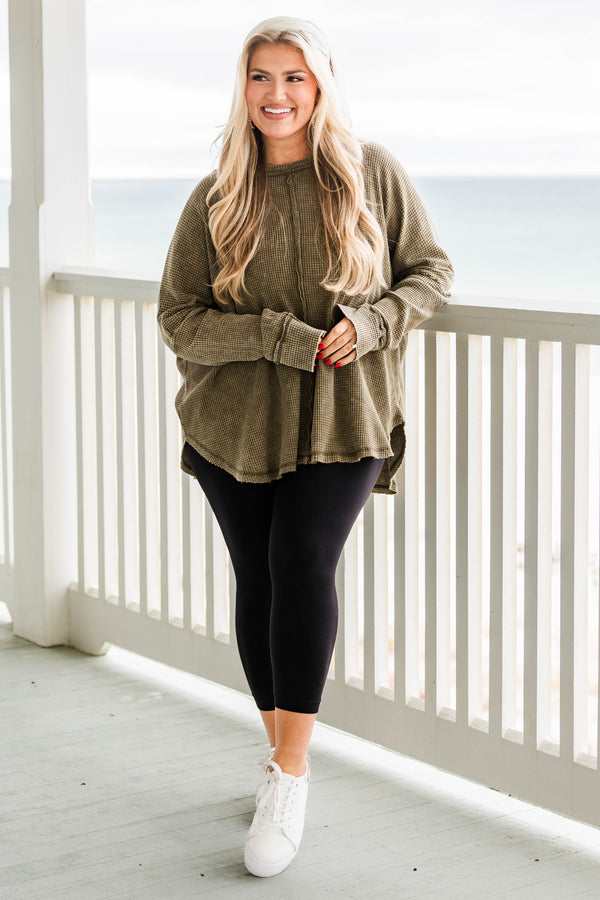 Chic Soul plus size clothing, olive long sleeve waffle knit top with cuff sleeves