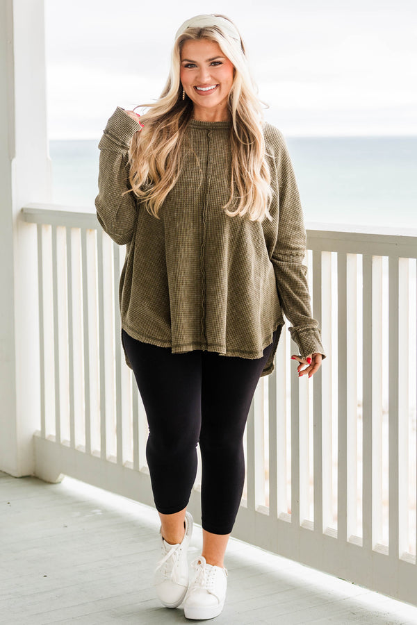 Chic Soul plus size clothing, olive long sleeve waffle knit top with cuff sleeves