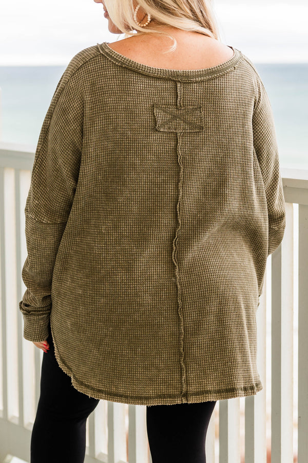 Chic Soul plus size clothing, olive long sleeve waffle knit top with cuff sleeves