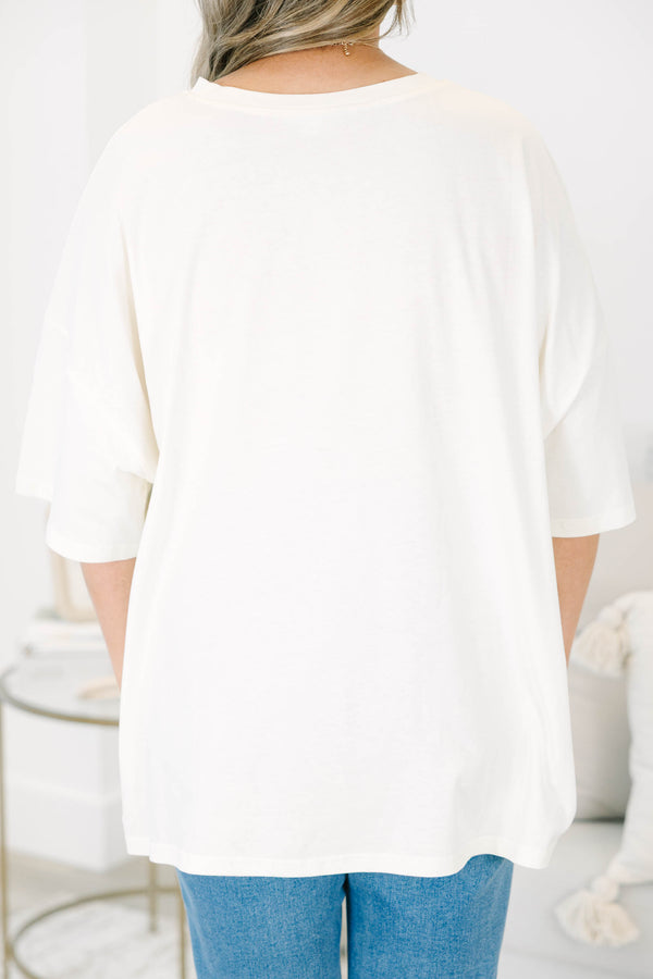 Plus Size ivory boyfriend tee with colorful mahjong-themed graphics and a relaxed fit.