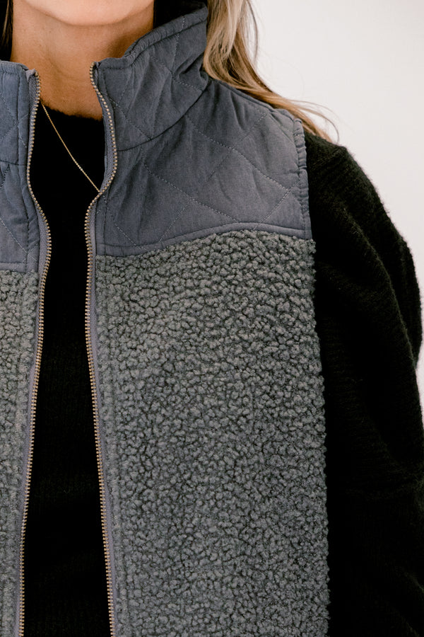 Chic Soul plus size clothing, slate grey sleeveless zip up fleece vest