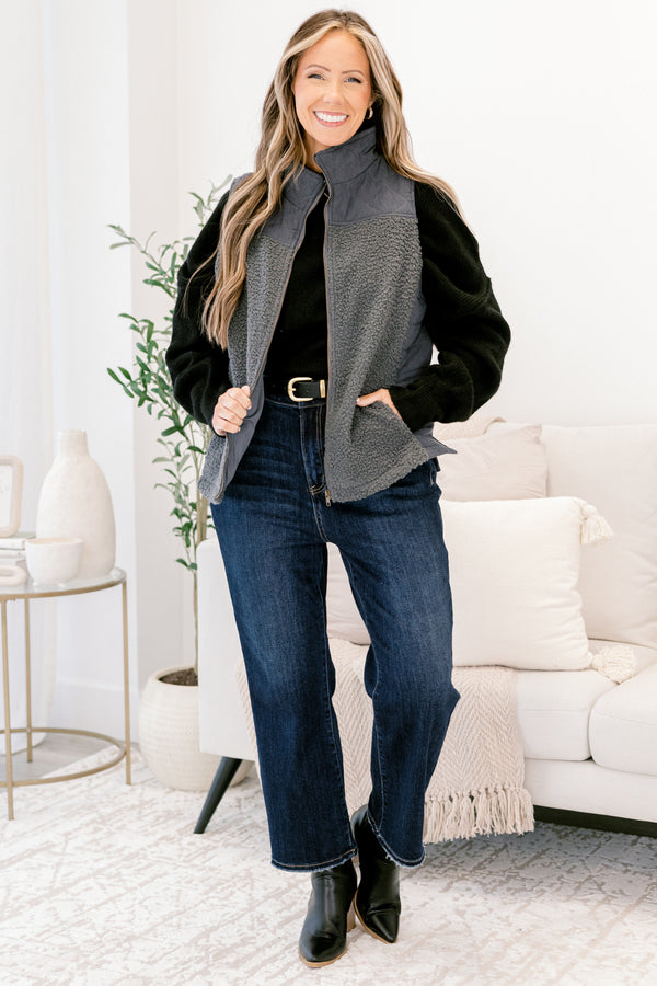 Chic Soul plus size clothing, slate grey sleeveless zip up fleece vest