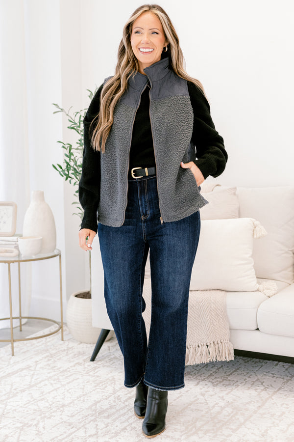 Chic Soul plus size clothing, slate grey sleeveless zip up fleece vest