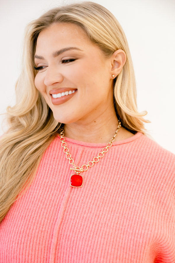  Chic soul plus size clothing, gold chainlink necklace with red pendant and gold stud earrings set