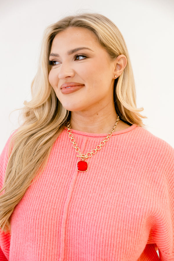  Chic soul plus size clothing, gold chainlink necklace with red pendant and gold stud earrings set
