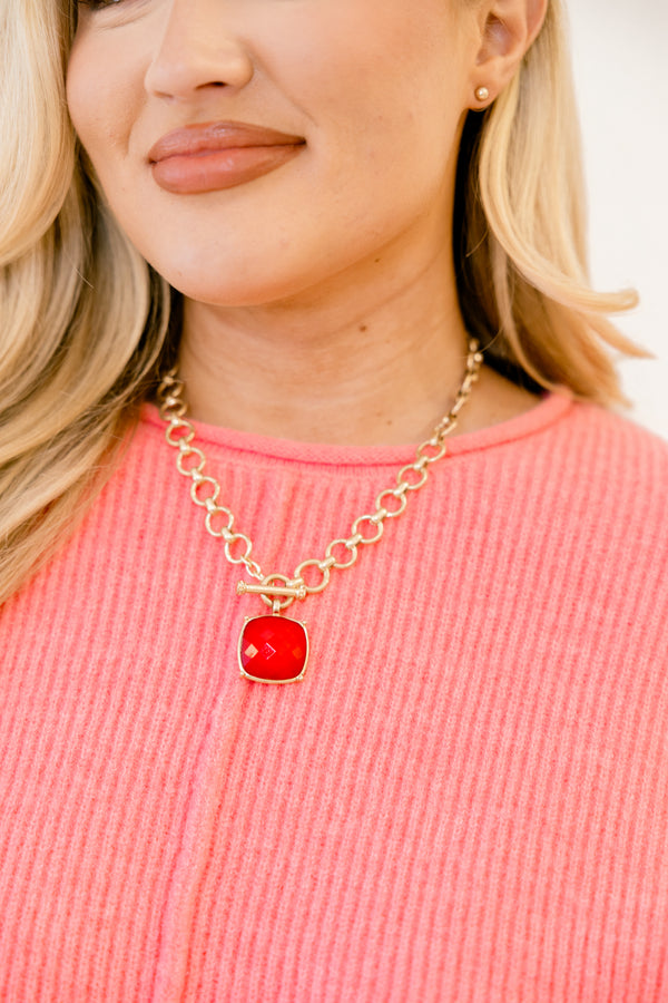  Chic soul plus size clothing, gold chainlink necklace with red pendant and gold stud earrings set
