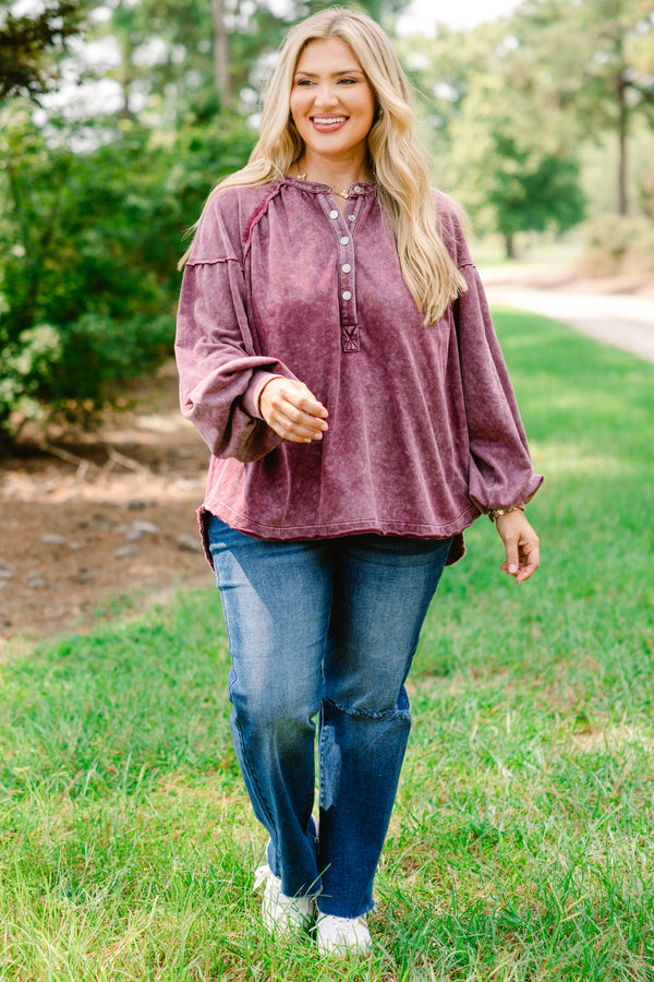 Chic Soul plus size clothing, maroon acid wash long sleeve top with buttons half way down the front