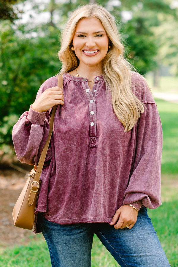 Chic Soul plus size clothing, maroon acid wash long sleeve top with buttons half way down the front
