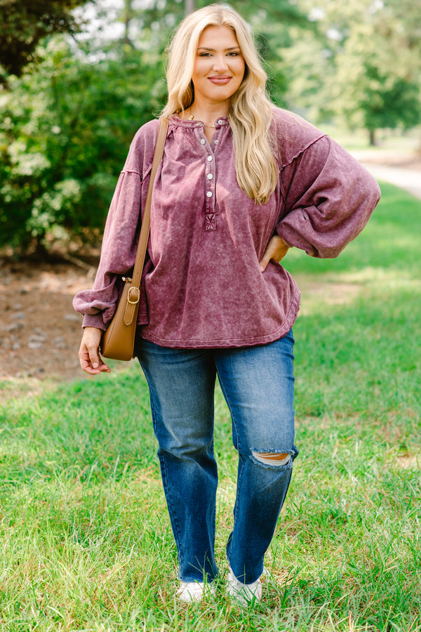 Chic Soul plus size clothing, maroon acid wash long sleeve top with buttons half way down the front