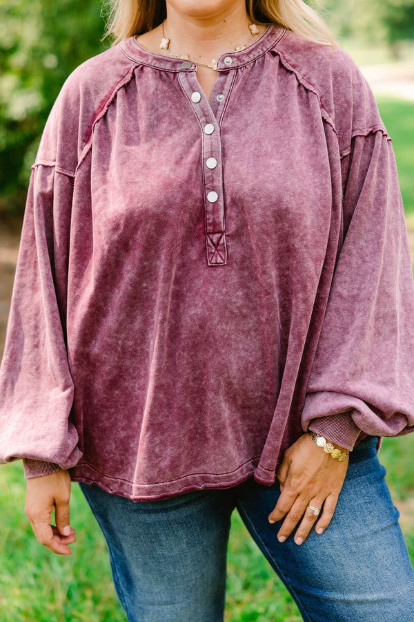 Chic Soul plus size clothing, maroon acid wash long sleeve top with buttons half way down the front