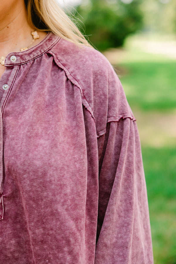 Chic Soul plus size clothing, maroon acid wash long sleeve top with buttons half way down the front