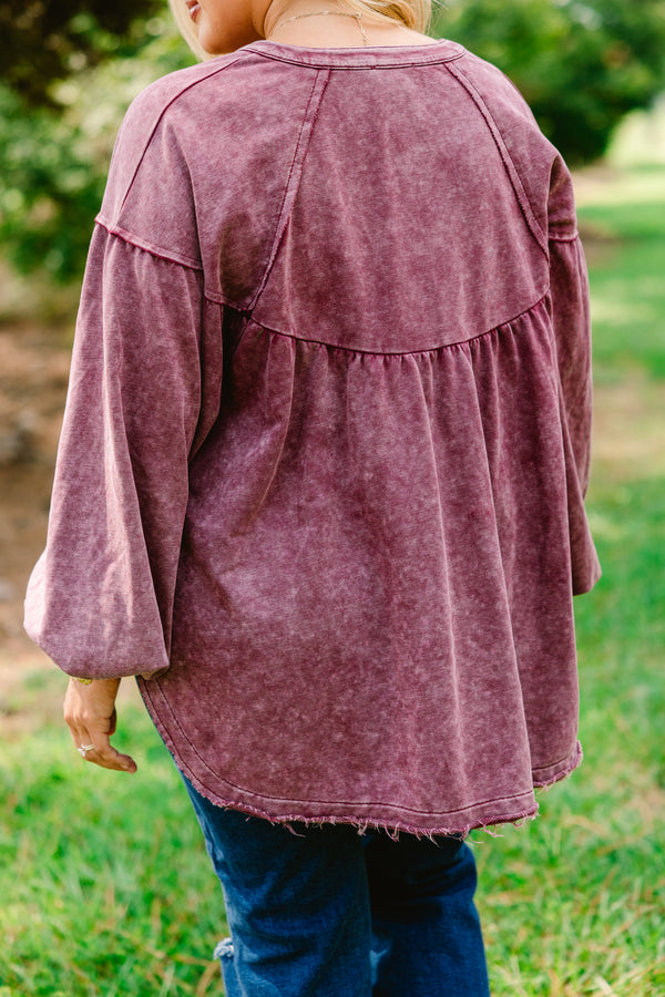 Chic Soul plus size clothing, maroon acid wash long sleeve top with buttons half way down the front