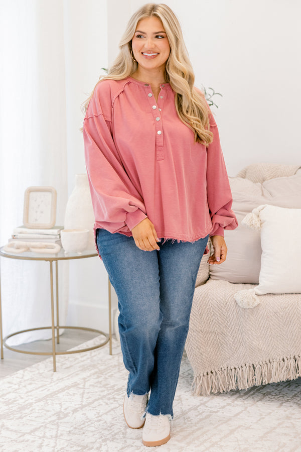 Chic Soul plus size clothing, mauve pink long sleeve top with buttons going down to the chest as well as distressed details at the bottom of the top