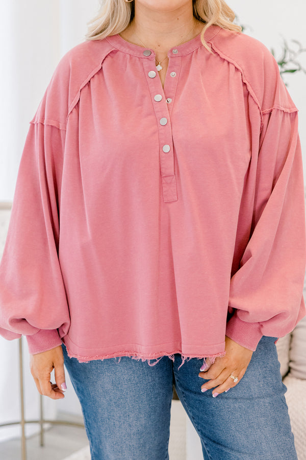 Chic Soul plus size clothing, mauve pink long sleeve top with buttons going down to the chest as well as distressed details at the bottom of the top