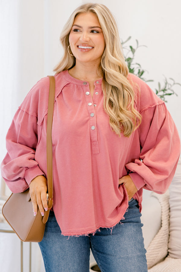 Chic Soul plus size clothing, mauve pink long sleeve top with buttons going down to the chest as well as distressed details at the bottom of the top