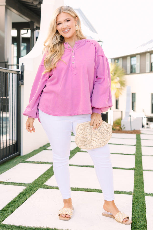 Chic Soul plus size clothing, purple pullover with long bubble sleeves buttons going down to the chest area and a distressed look on the sleeves and neckline 
