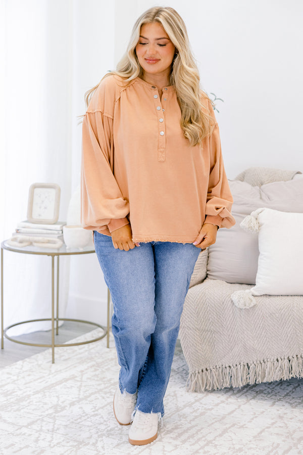Chic Soul plus size clothing, light peach long sleeve button up pullover with distressed hem and silver buttons 1/4 way down