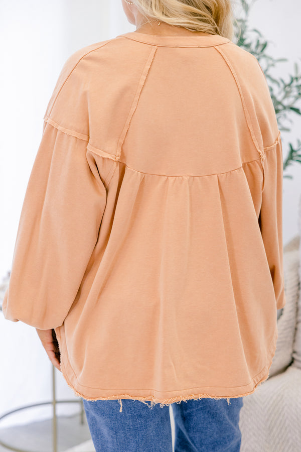Chic Soul plus size clothing, light peach long sleeve button up pullover with distressed hem and silver buttons 1/4 way down