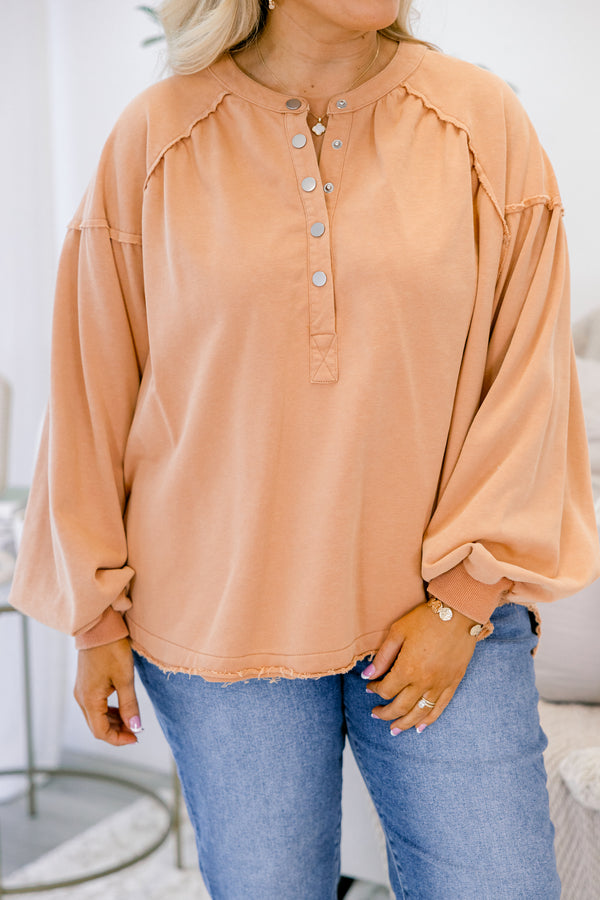 Chic Soul plus size clothing, light peach long sleeve button up pullover with distressed hem and silver buttons 1/4 way down