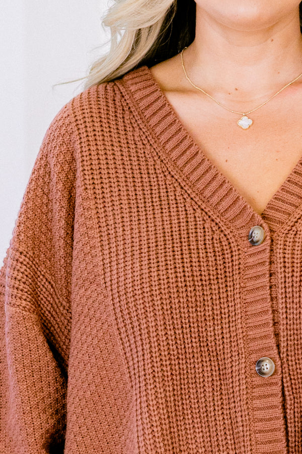 Chic Soul plus size clothing, brown long sleeve button down knit cardigan with four wooden buttons