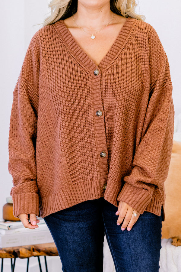 Chic Soul plus size clothing, brown long sleeve button down knit cardigan with four wooden buttons