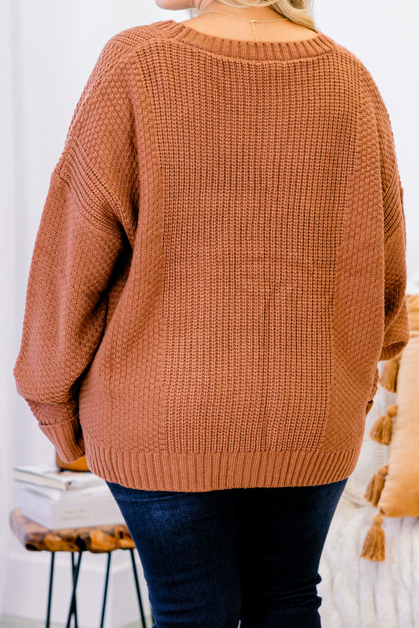 Chic Soul plus size clothing, brown long sleeve button down knit cardigan with four wooden buttons