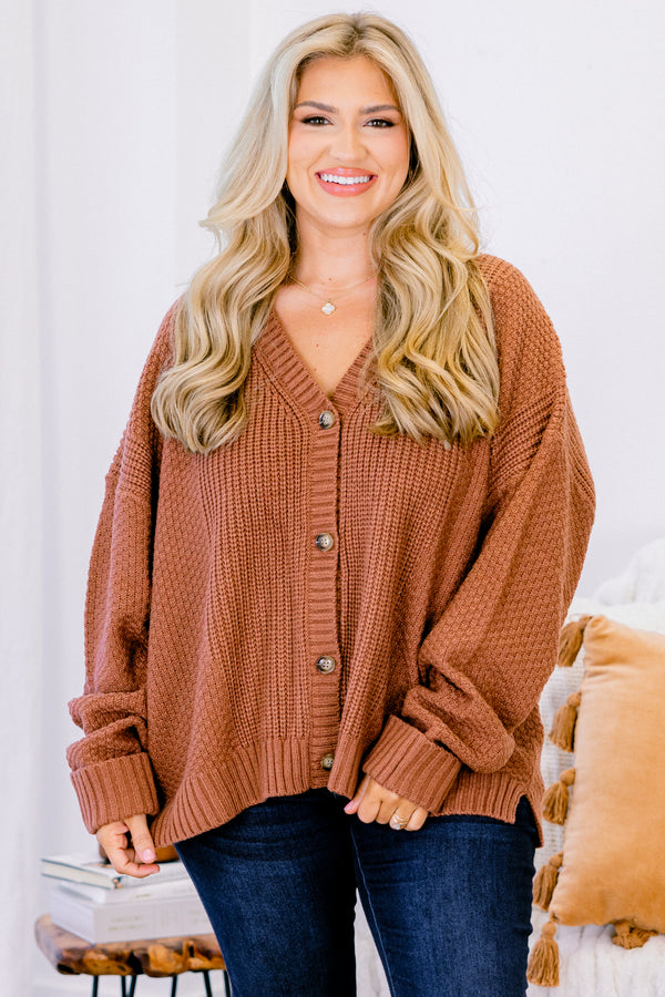 Chic Soul plus size clothing, brown long sleeve button down knit cardigan with four wooden buttons