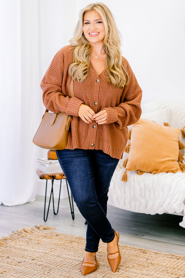 Chic Soul plus size clothing, brown long sleeve button down knit cardigan with four wooden buttons