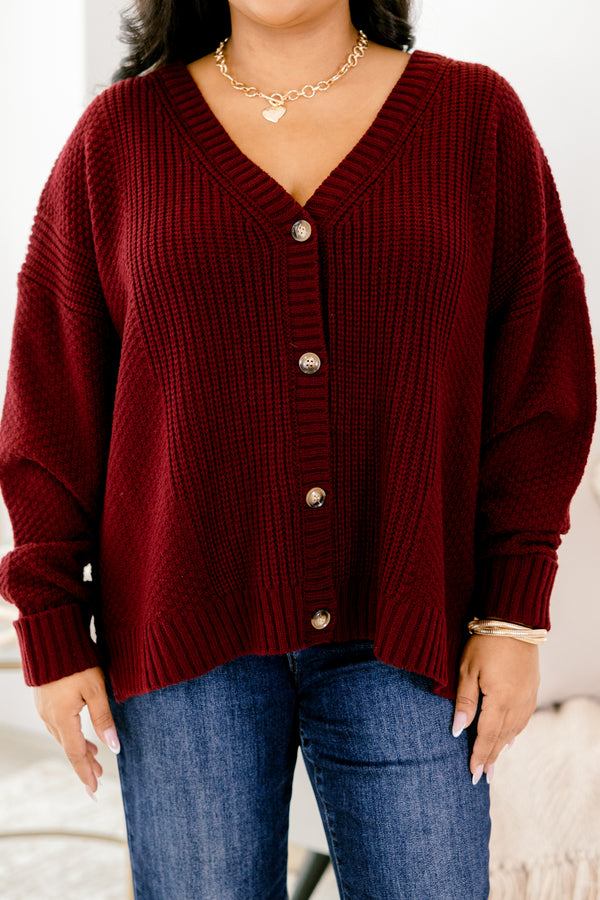 Chic Soul plus size clothing, burgundy red long sleeve button down cardigan with deep v-neckline