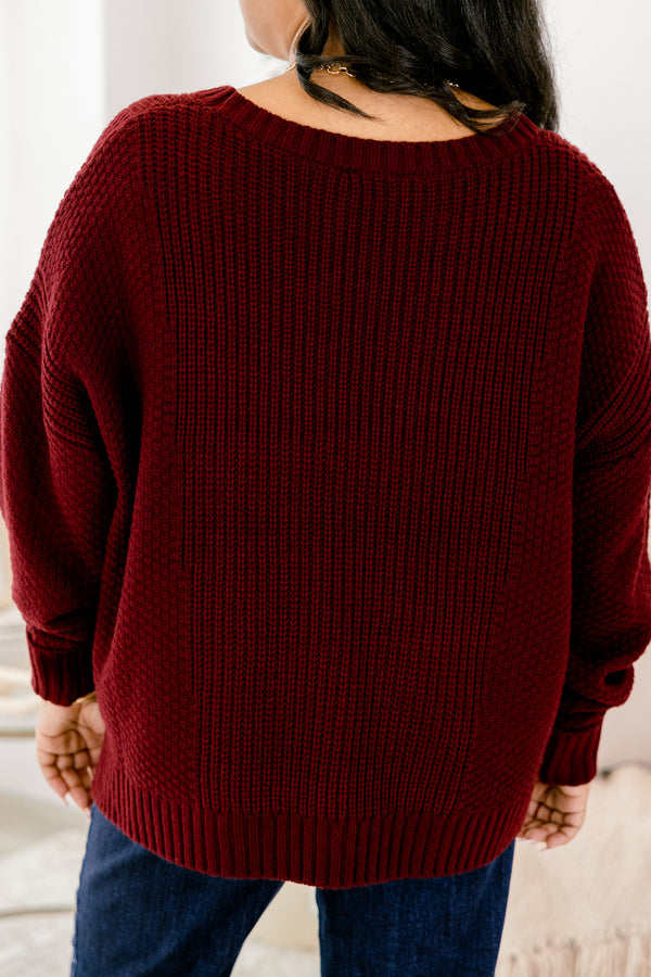 Chic Soul plus size clothing, burgundy red long sleeve button down cardigan with deep v-neckline