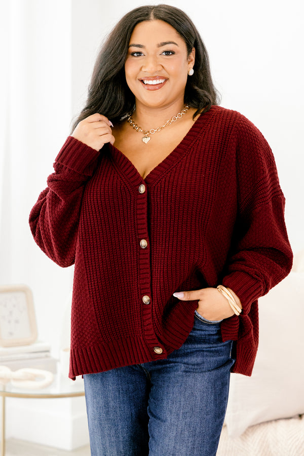 Chic Soul plus size clothing, burgundy red long sleeve button down cardigan with deep v-neckline