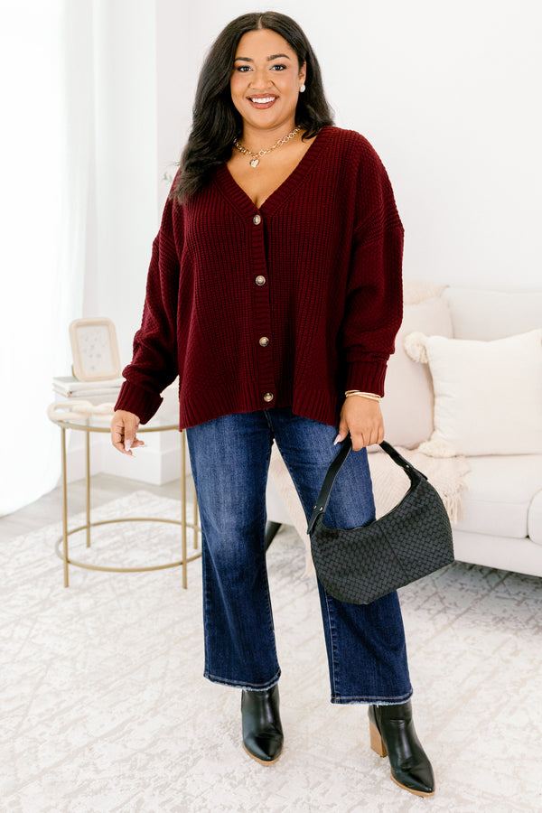 Chic Soul plus size clothing, burgundy red long sleeve button down cardigan with deep v-neckline