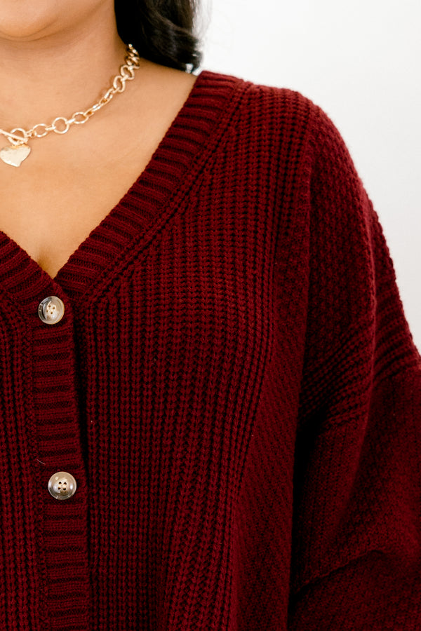 Chic Soul plus size clothing, burgundy red long sleeve button down cardigan with deep v-neckline
