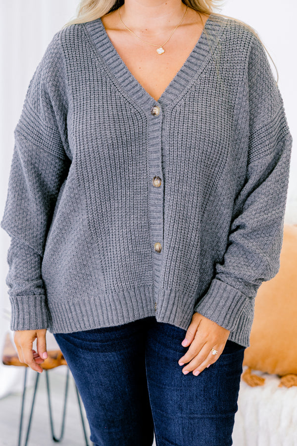 Chic Soul plus size clothing, gray v-neck knit button up cardigan with cuff sleeve
