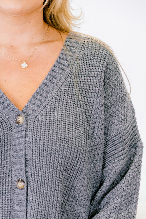 Chic Soul plus size clothing, gray v-neck knit button up cardigan with cuff sleeve