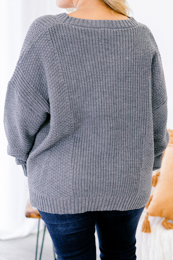 Chic Soul plus size clothing, gray v-neck knit button up cardigan with cuff sleeve