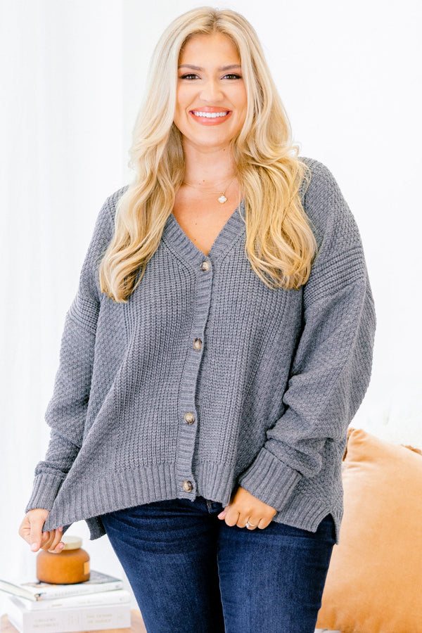 Chic Soul plus size clothing, gray v-neck knit button up cardigan with cuff sleeve