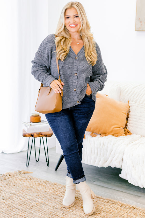 Chic Soul plus size clothing, gray v-neck knit button up cardigan with cuff sleeve