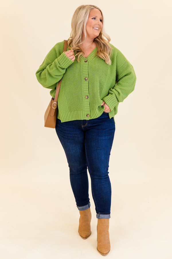 Chic Soul plus size clothing, lime green knit button up cardigan sweater with v neckline with ribbed cuff sleeves with ribbed band along neckline and bottom