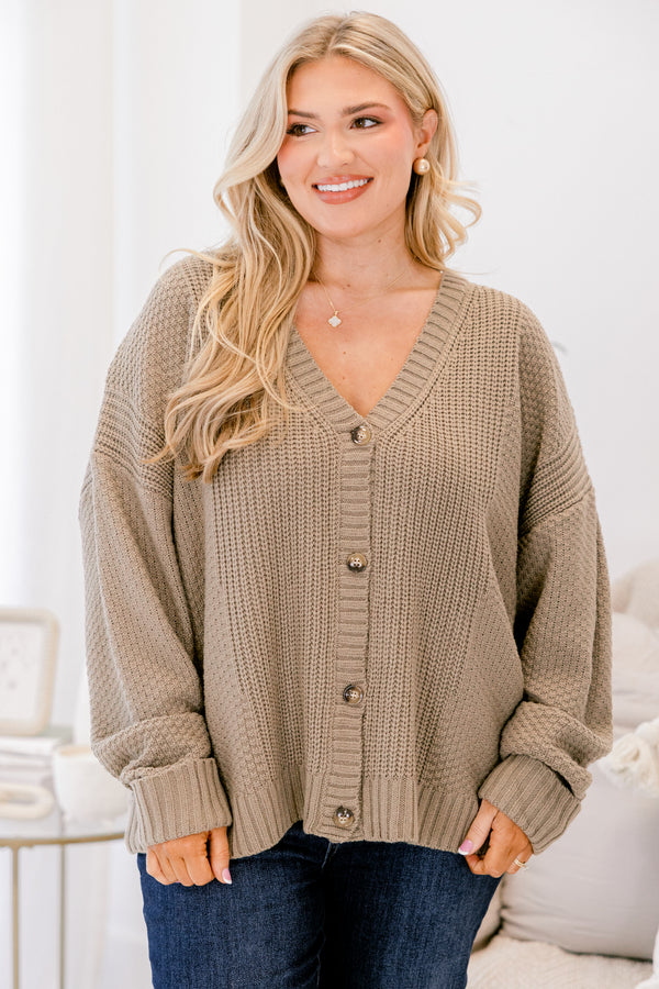 Chic Soul plus size clothing, taupe gray button-up cardigan with a woven texture as well as a v-neckline 