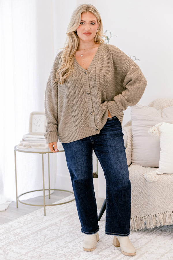 Chic Soul plus size clothing, taupe gray button-up cardigan with a woven texture as well as a v-neckline 