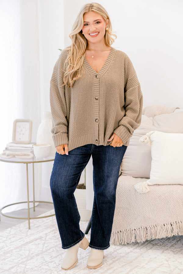 Chic Soul plus size clothing, taupe gray button-up cardigan with a woven texture as well as a v-neckline 