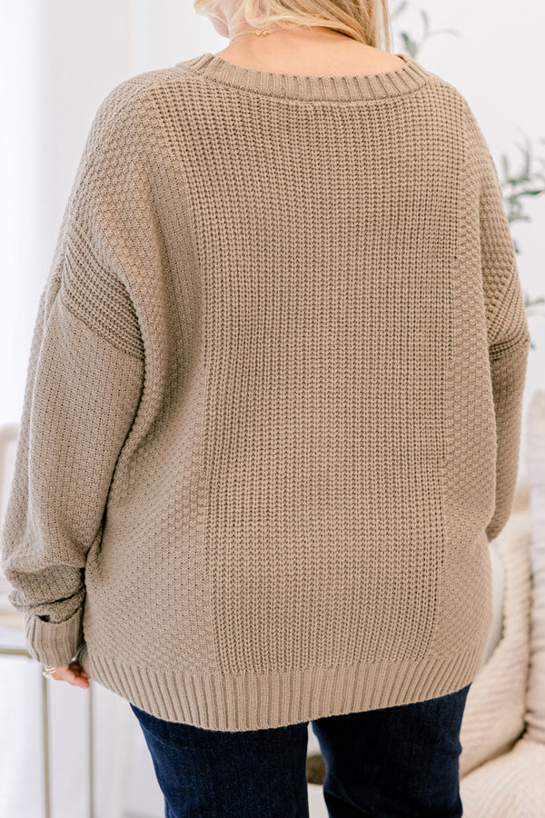 Chic Soul plus size clothing, taupe gray button-up cardigan with a woven texture as well as a v-neckline 