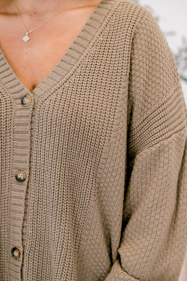 Chic Soul plus size clothing, taupe gray button-up cardigan with a woven texture as well as a v-neckline 