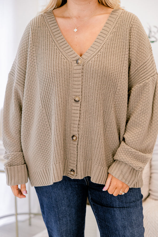 Chic Soul plus size clothing, taupe gray button-up cardigan with a woven texture as well as a v-neckline 