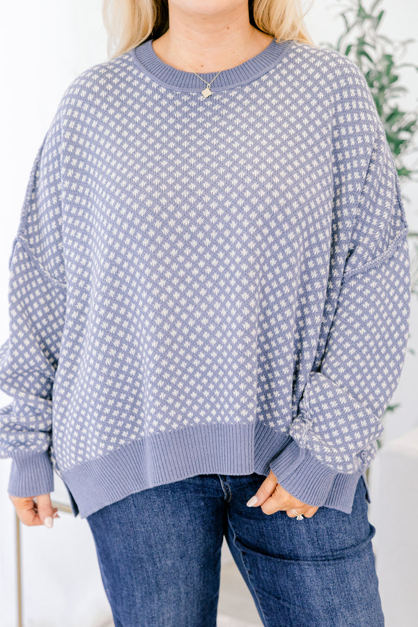 Chic Soul plus size clothing, blue and cream abstract pattern long sleeve sweater