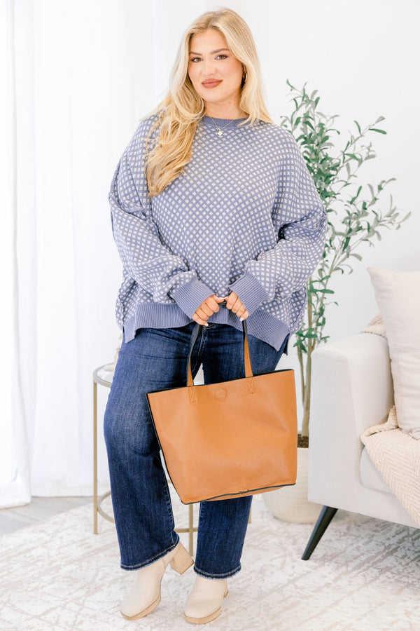 Chic Soul plus size clothing, blue and cream abstract pattern long sleeve sweater